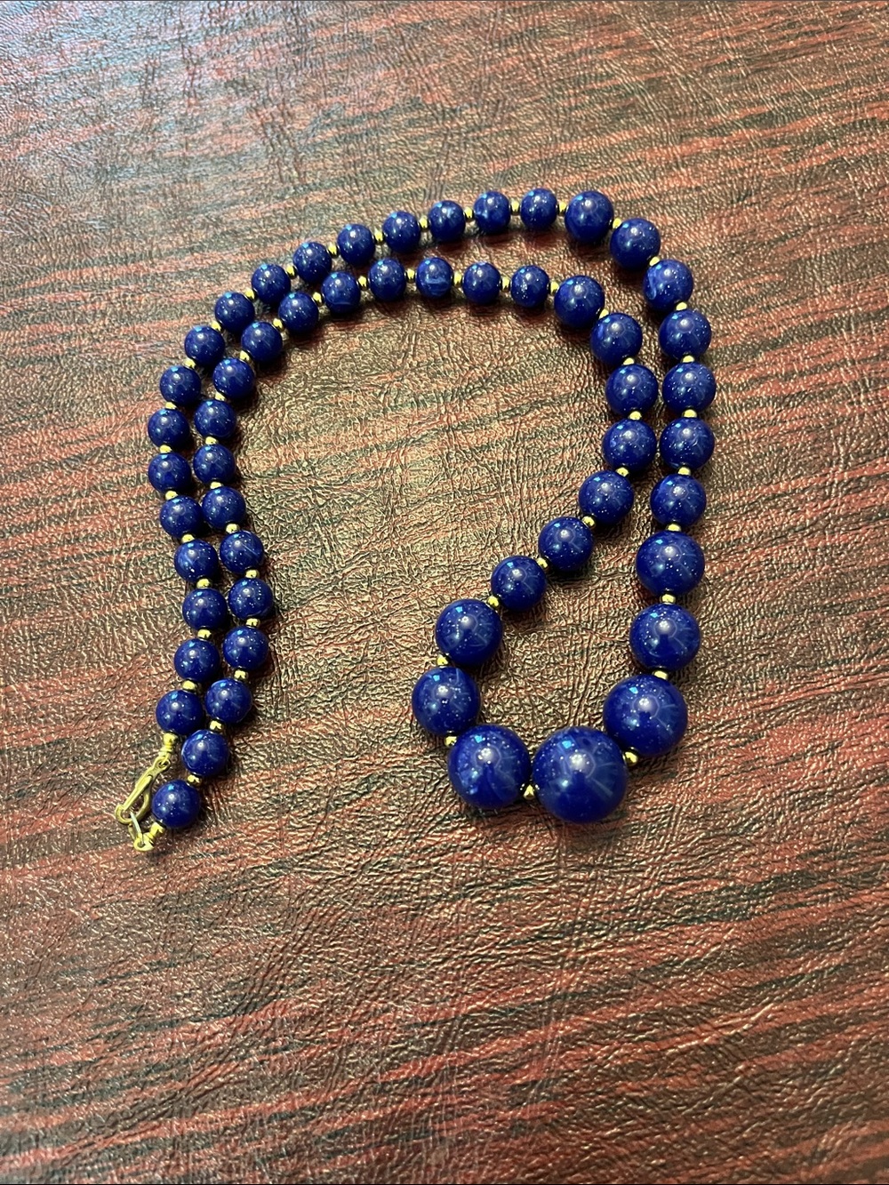 Vintage Classic Simulated Lapis blue Beaded Necklace with Gold Accents-11”
